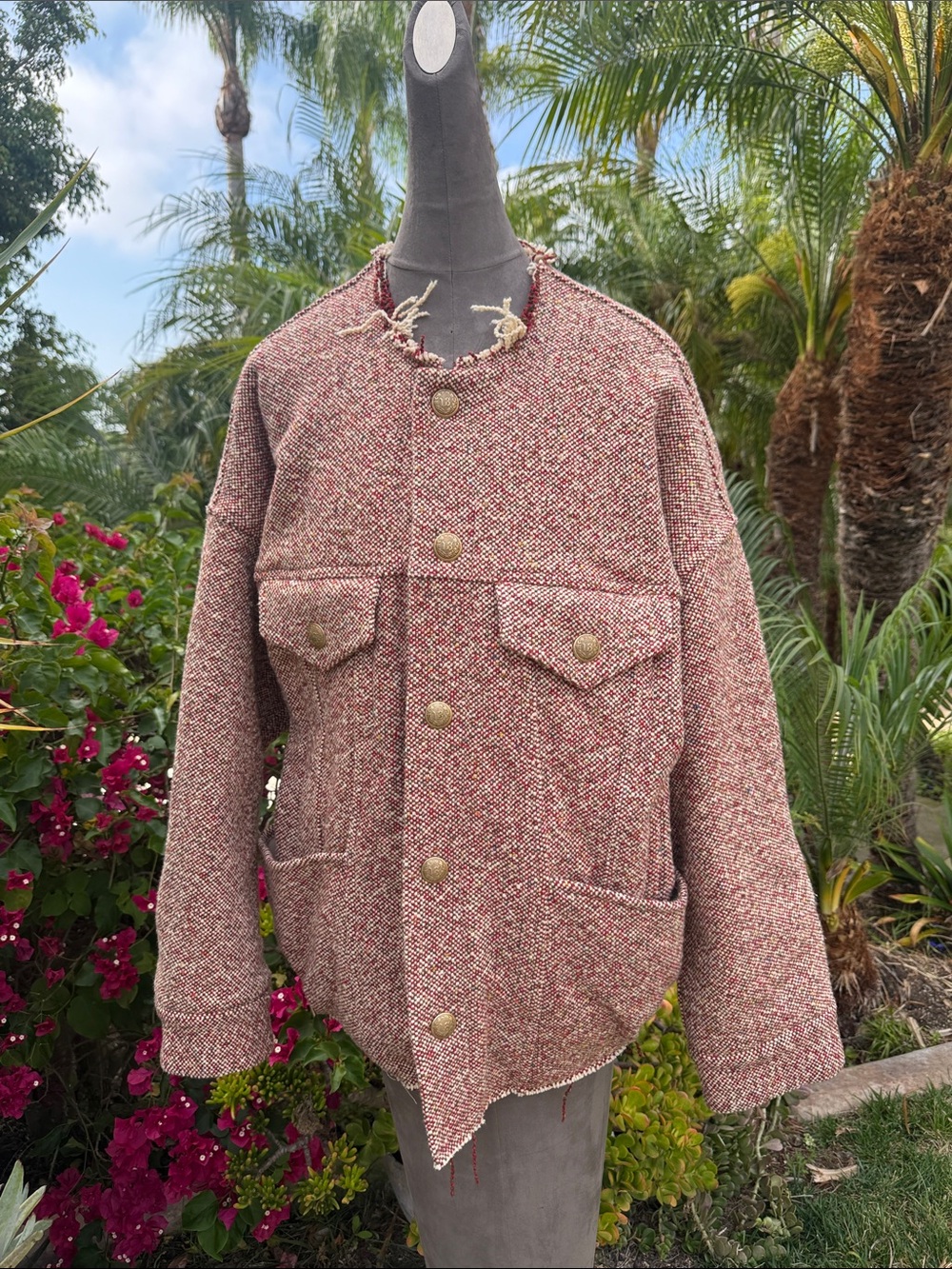R13 Lazy Trucker Textured Red Tweed Button-Up Jacket
